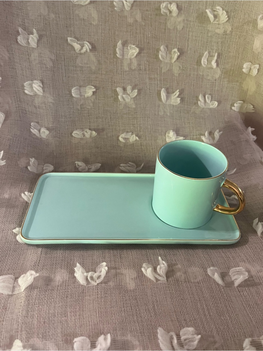 Mint Ceramic Cup and Tray Set with Gold Handle